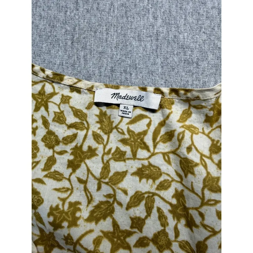 Madewell V Neck Batik Vine Mustard Tan Cotton Boho Prairie Puff Sleeve Size XL